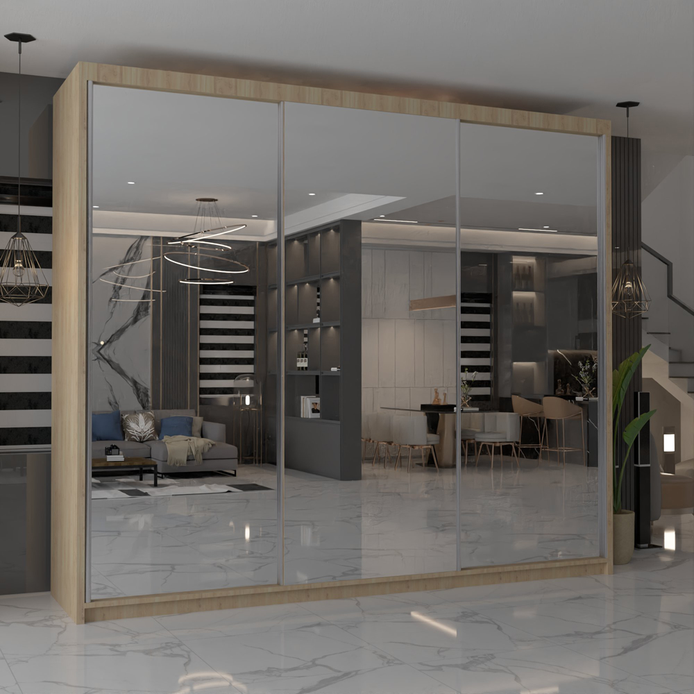 M N Furniture Modern Gala 3 Door Oak Mirrored Sliding Wardrobe 250cm Image 4