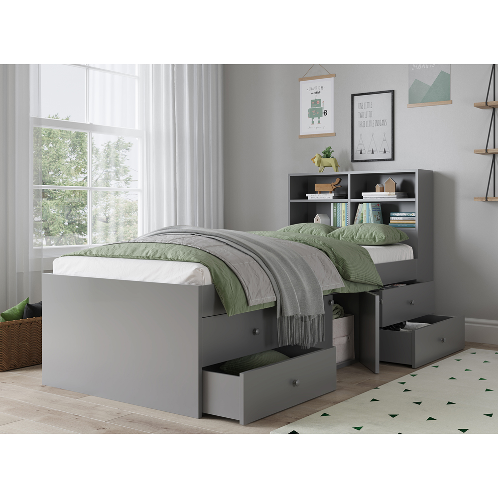 Kudl Captain Single 2 Door 4 Drawer Grey Cabin Bed with Bookcase Headboard Image 4