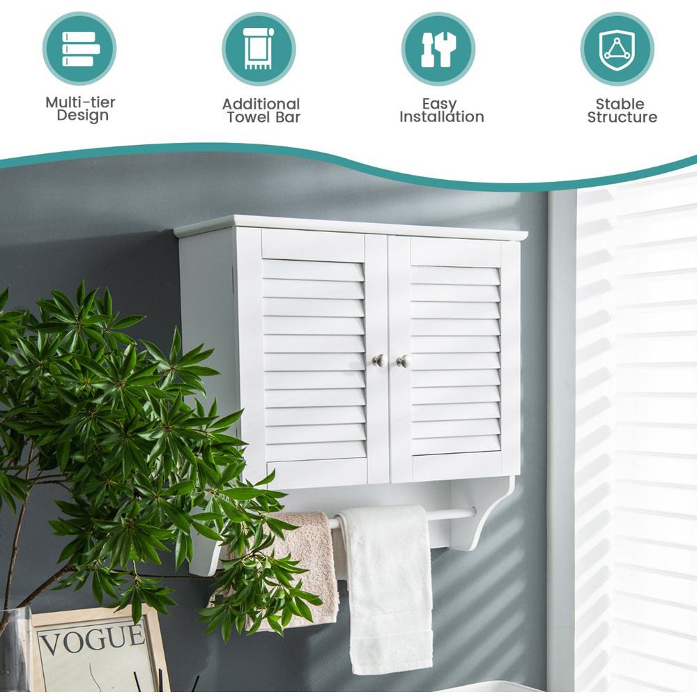 Costway 2 Door White Wall Mounted Storage Cabinet with Towel Bar Image 7
