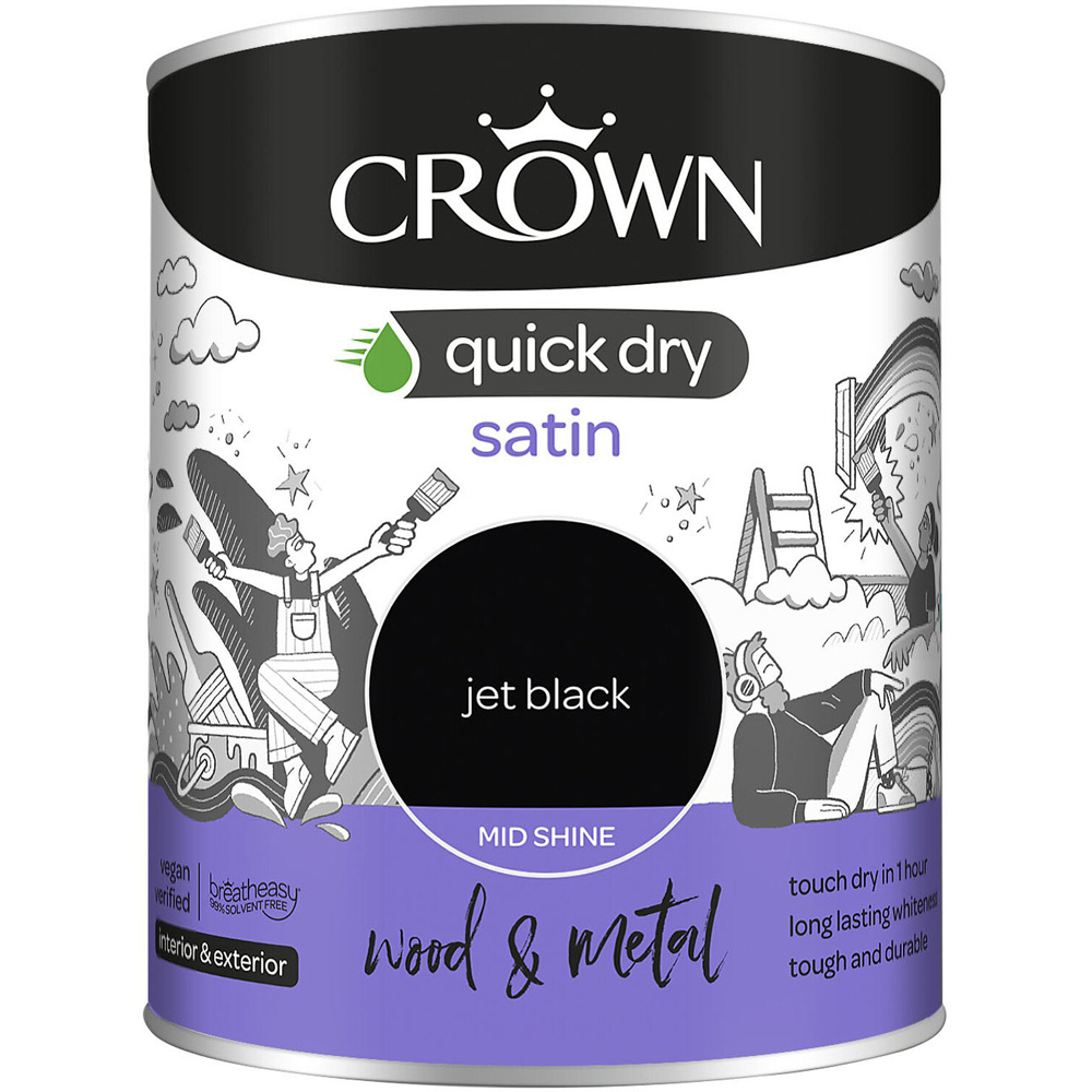 Crown Quick Dry Jet Black Satin Wood and Metal Paint 750ml Image 2