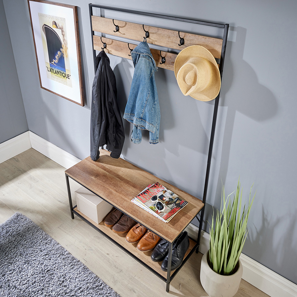 Home Source Oakmere Single Shelf Oak Effect Coat and Shoe Storage Bench Image 2