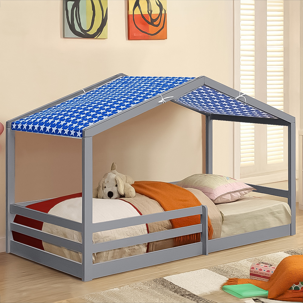 Brooklyn Single Grey Wooden House Style Bed with Blue Tent Image 1