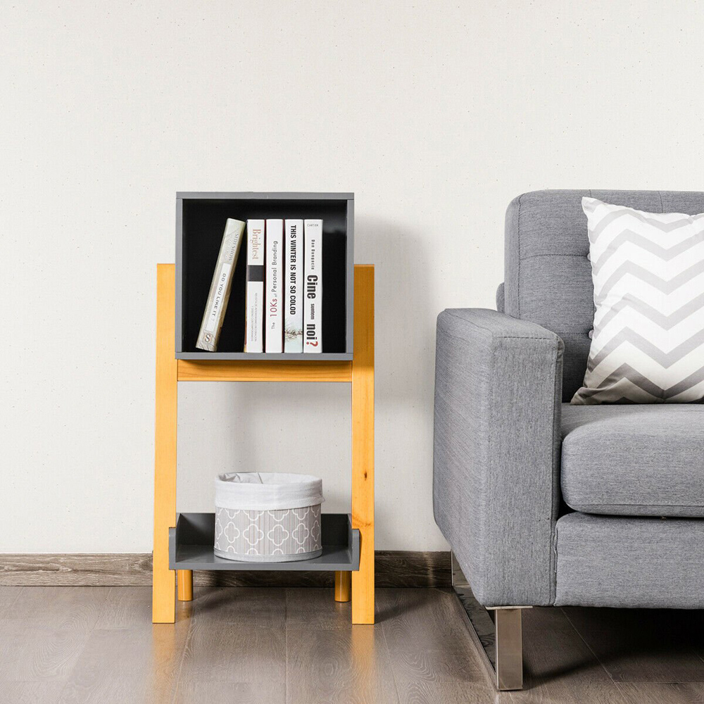 Costway Single Shelf Storage Cube Grey Bedside Table Image 4