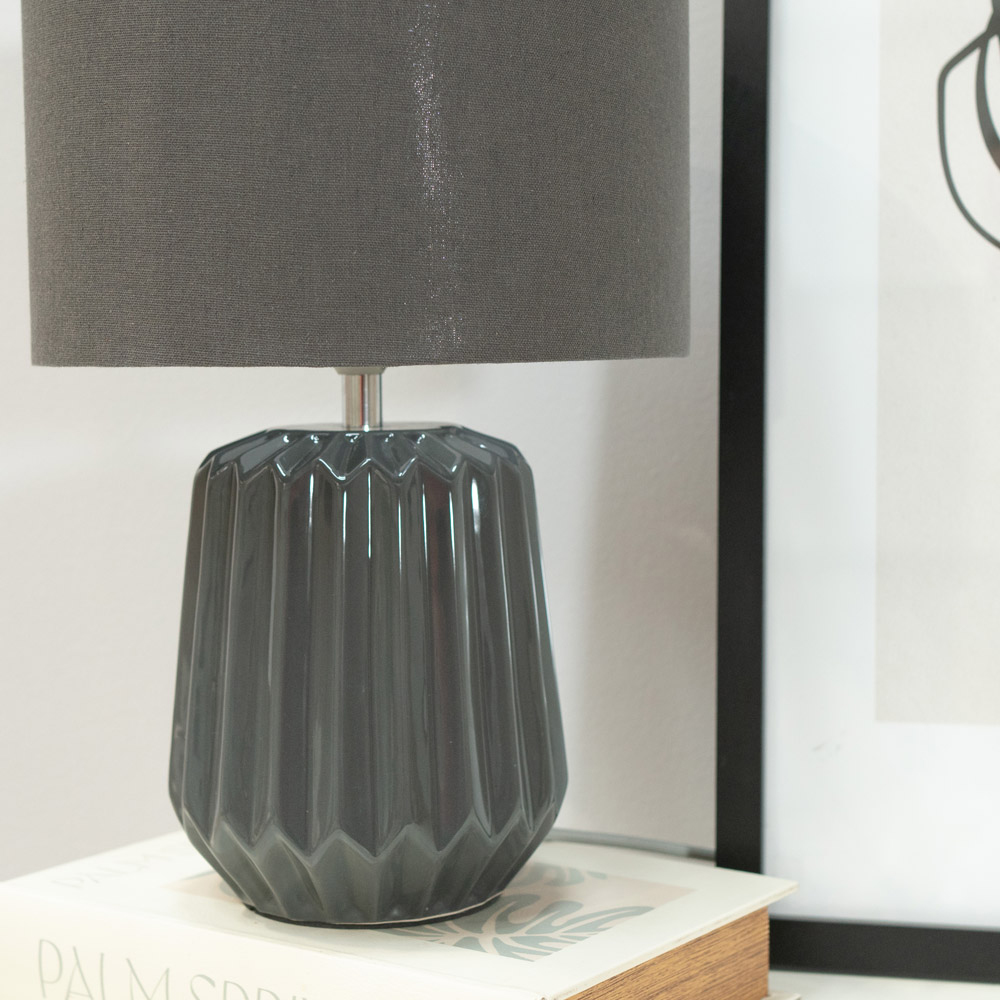 ValueLights Zak Fabric Lamp Shade Charcoal Grey Pleated Textured Ceramic LED Table Lamp Image 4