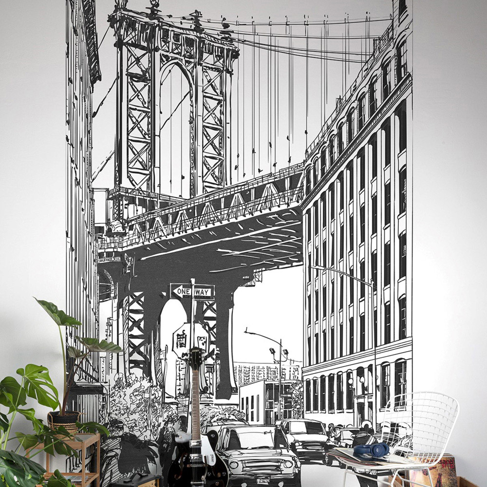 Grandeco Brooklyn Bridge Black and White 3 Lane Wall Mural Image 1