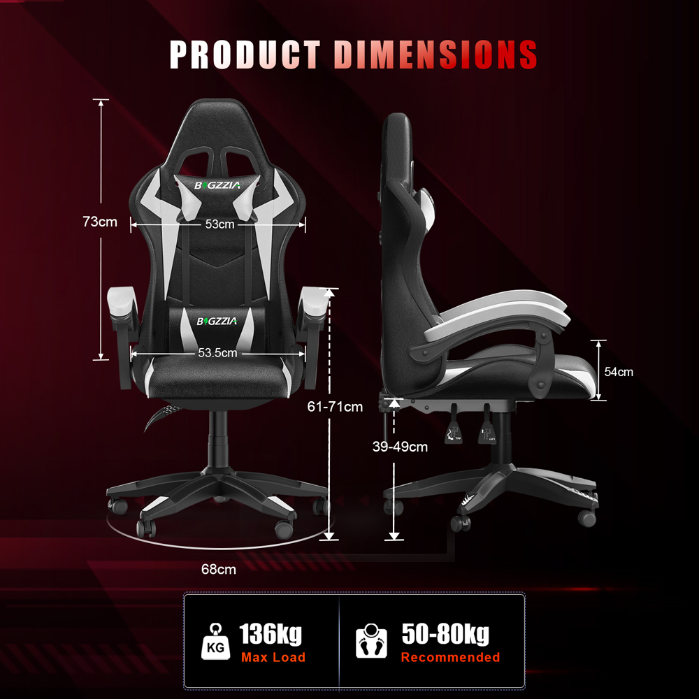 Rattrix White Height Adjustable Lumbar Backrest Gaming Chair with Headrest and LED Light Image 7