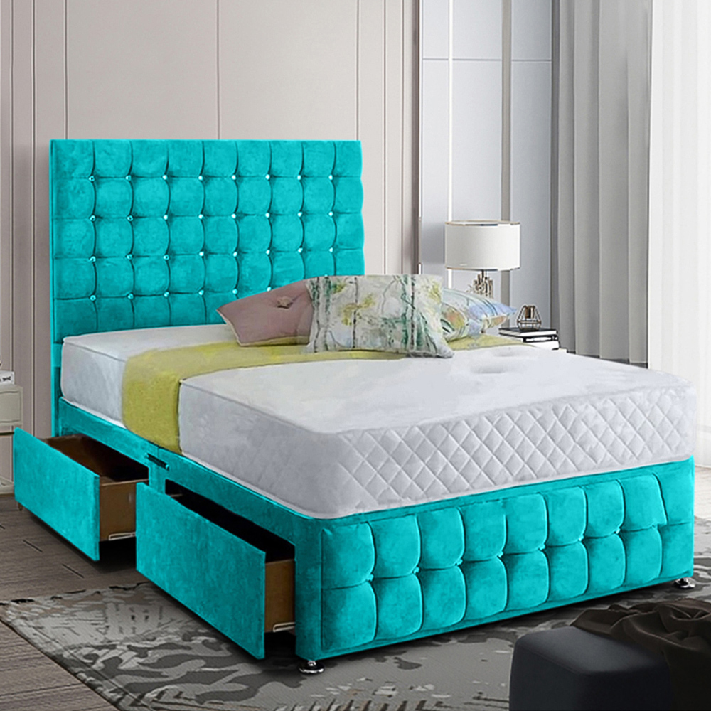 Eleganza Home Cloudrest Super King Size Teal Plush Velvet 2 Drawer Divan Bed with Headboard Image 1