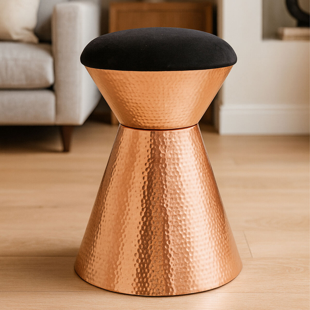 Premier Housewares Jaipur Black Velvet and Copper Finish Stool Image 3