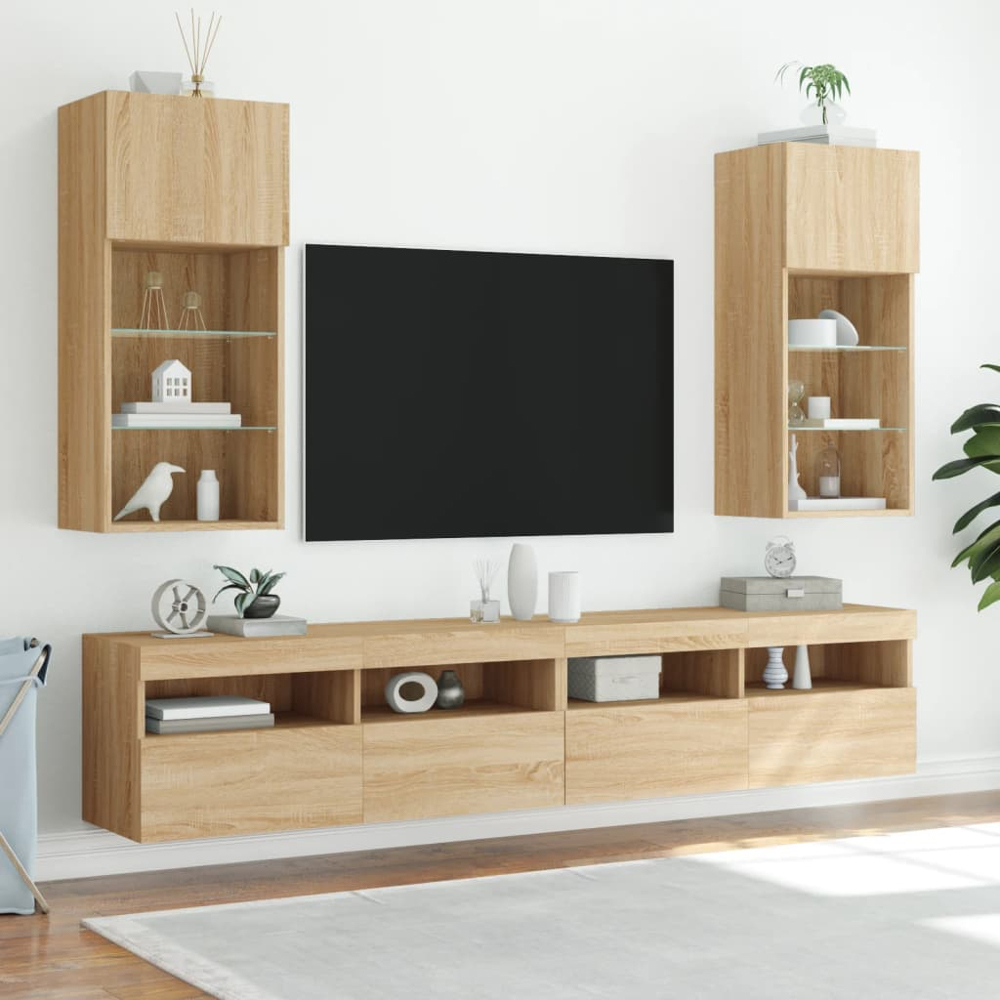 vidaXL 3 Shelf Single Door Sonoma Oak Wall Mounted TV Cabinet Set of 2 Image 3