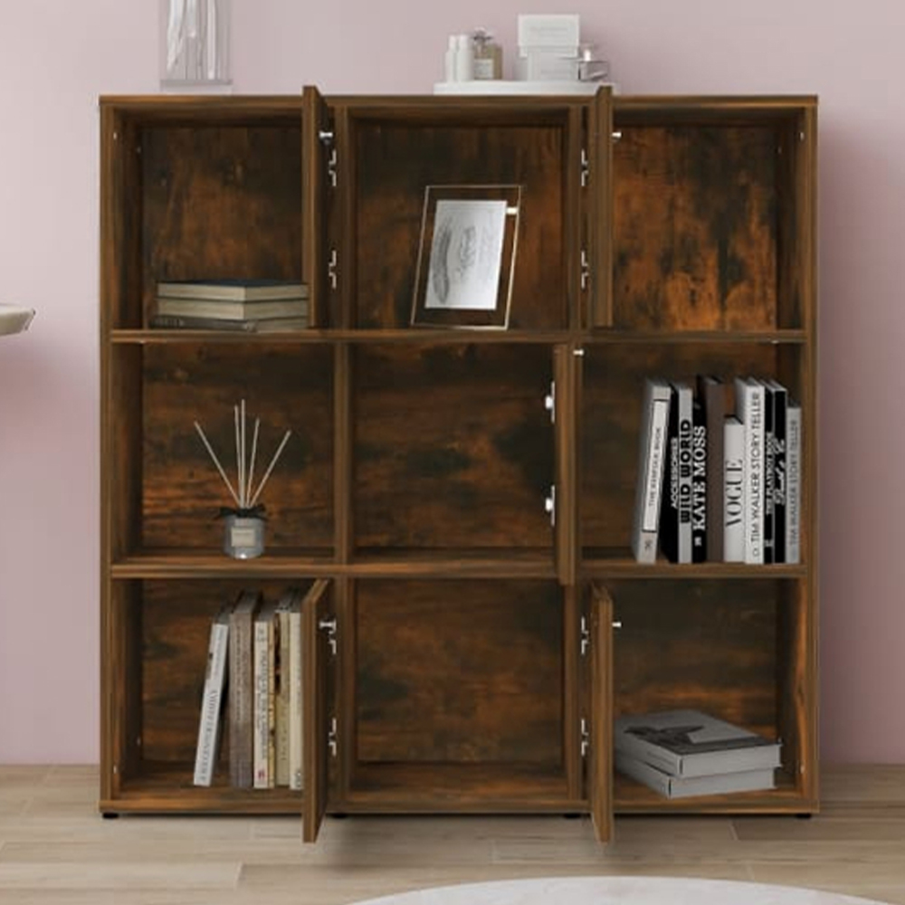 vidaXL 5 Door 4 Shelf Smoked Oak Wooden Bookcase Image 1