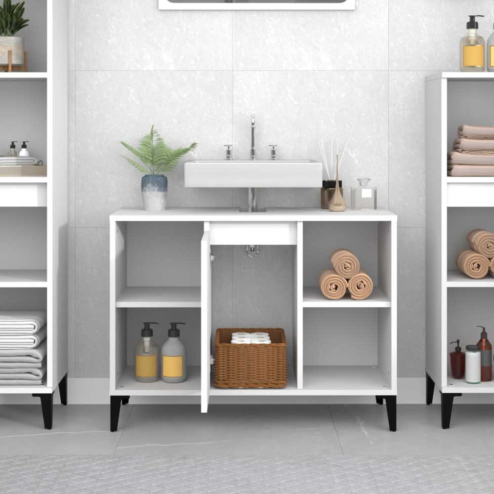 vidaXL Single Door 4 Shelf White Wood Washbasin Cabinet Image 9