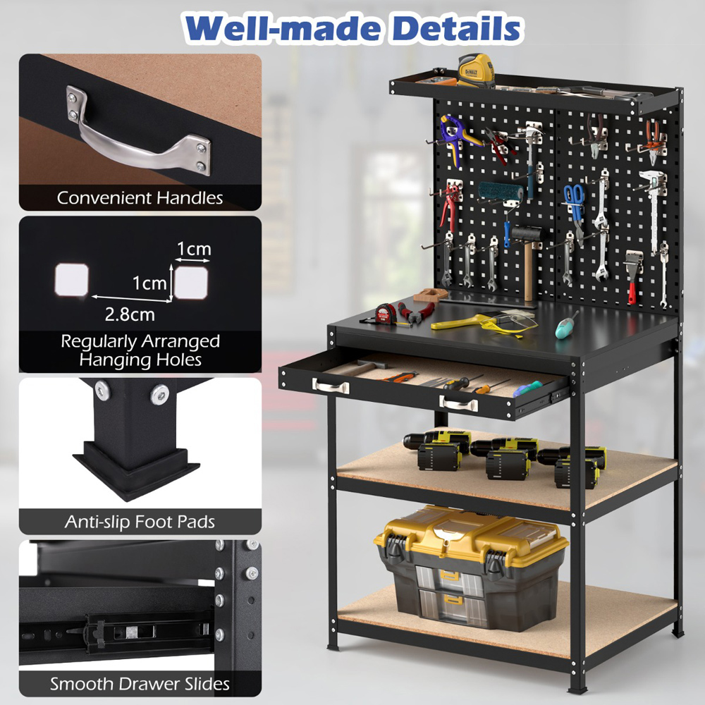 Costway Black Workbench with Pegboard and Shelves 81 x 41cm Image 7