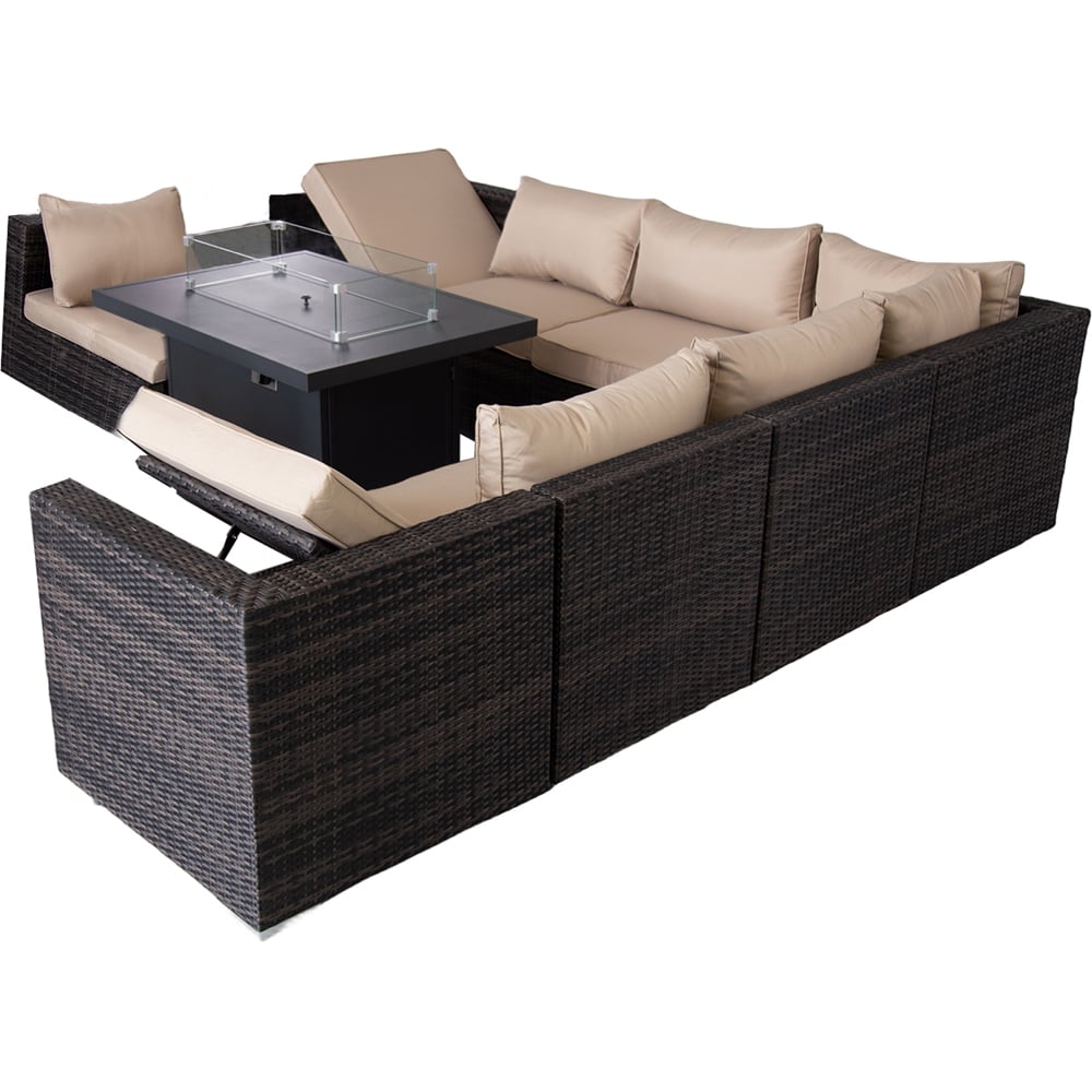 Furniture One 8 Seater Brown Rattan Modular Outdoor Recliner Sofa with Fire Pit Table Set Image 2