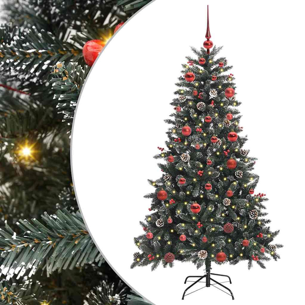 vidaXL Pre-Lit Red Bauble Pinecones Berries Green Snow Flocked Artificial Christmas Tree 5ft Image 6