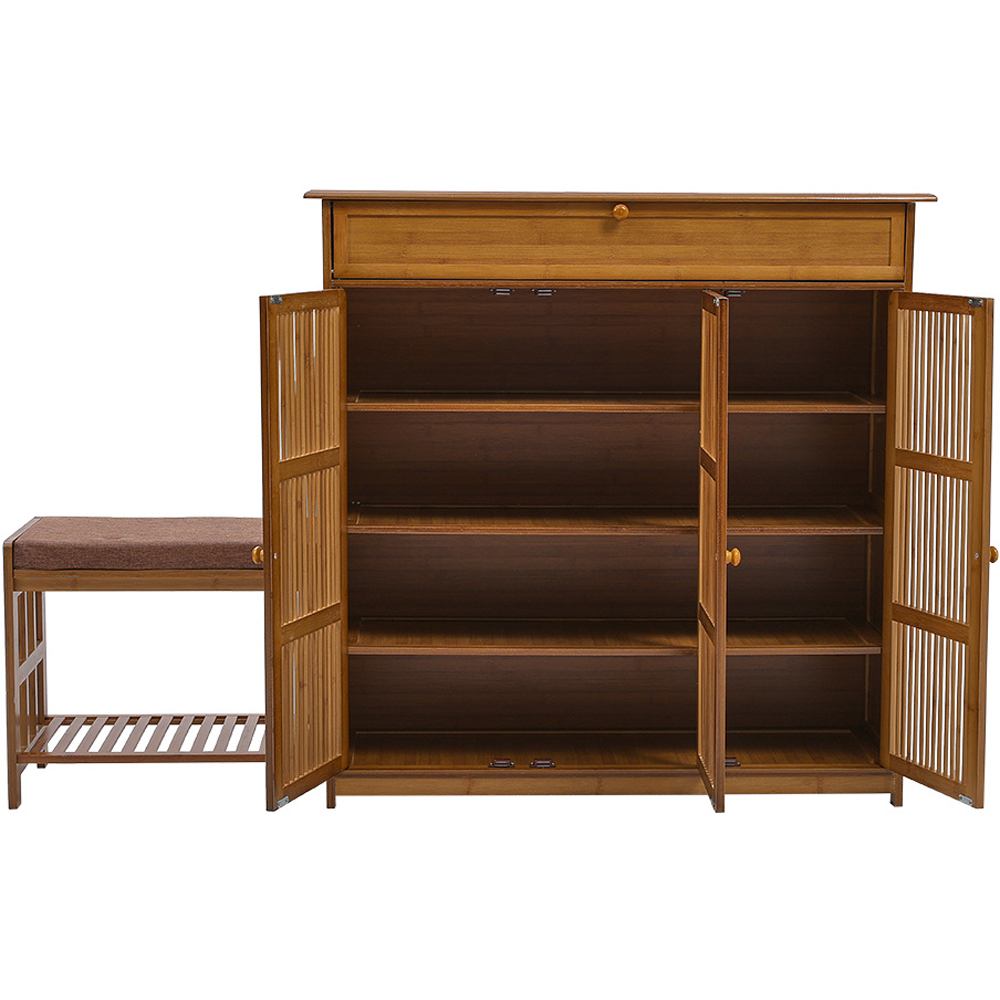 H&O Direct 3 Door Single Shelf Bamboo Shoe Cabinet Bench Image 3