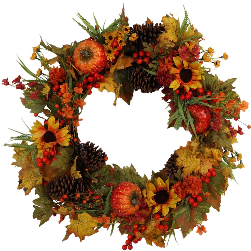 Autumnal Wreath with Flowers and Pumpkins Image