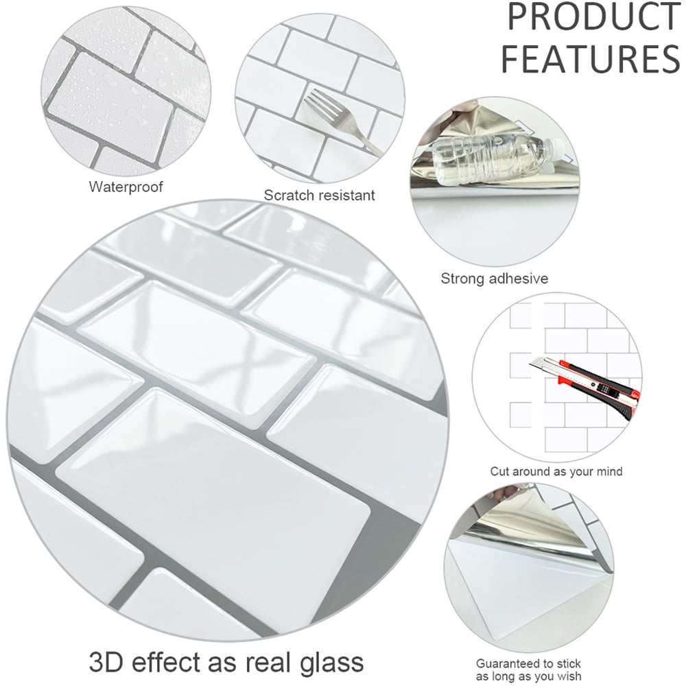 Living and Home 3D Glass Effect White Backsplash Tile Backsplash Tiles 30.5 x 30.5cm Image 3