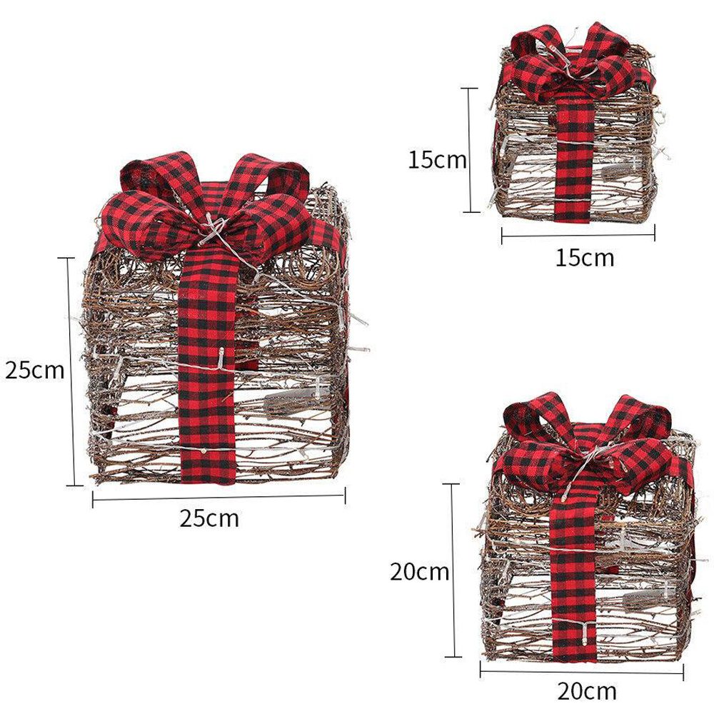 Shatchi Set of 3 Warm White LED Tartan Bow Rattan Parcels Image 7