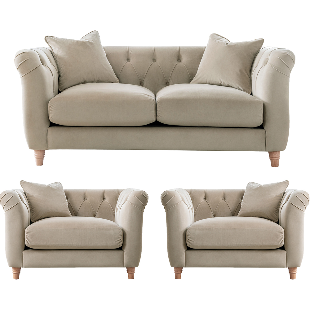 Elsie Chesterfield 4 Seater Putty Plush Velvet Sofa Suite Image 2
