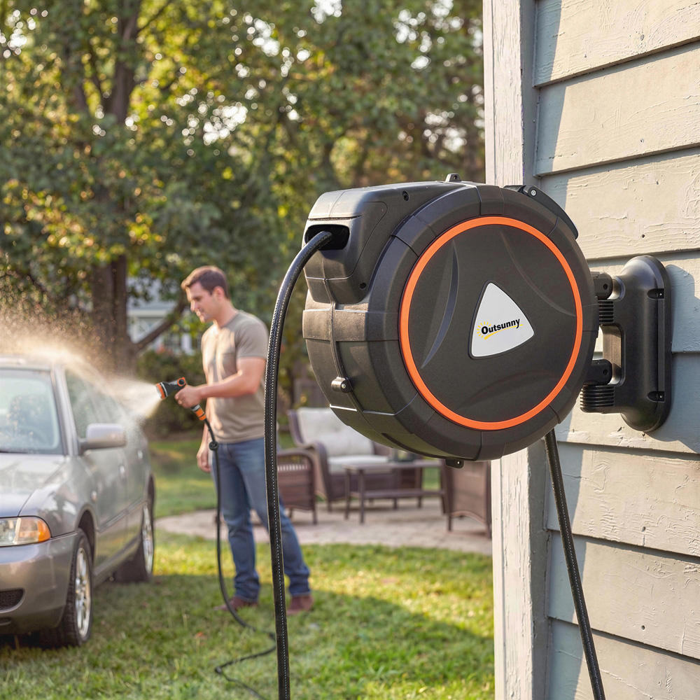 Outsunny 28m Black and Orange Wall-Mounted Retractable Hose Reel with Auto Retraction Image 4