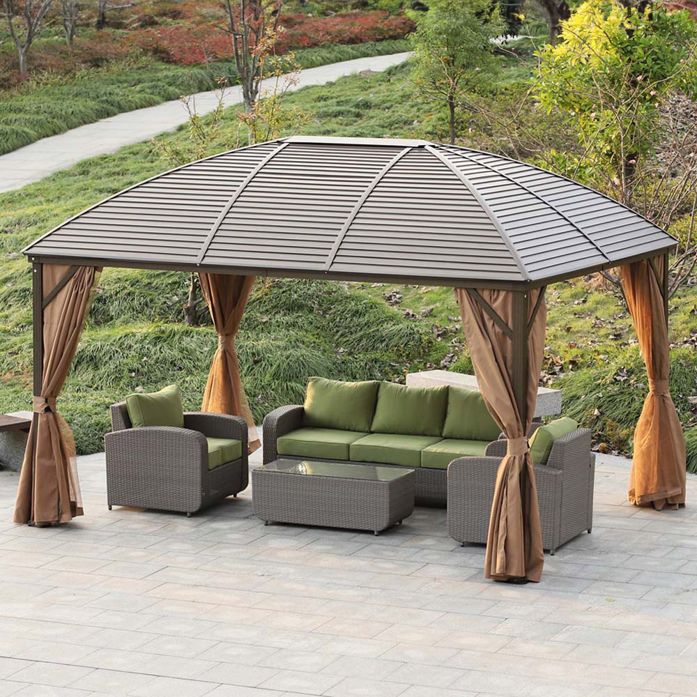 Outsunny 4 x 3m Brown Aluminium Pavilion Gazebo with Curtains Image 1