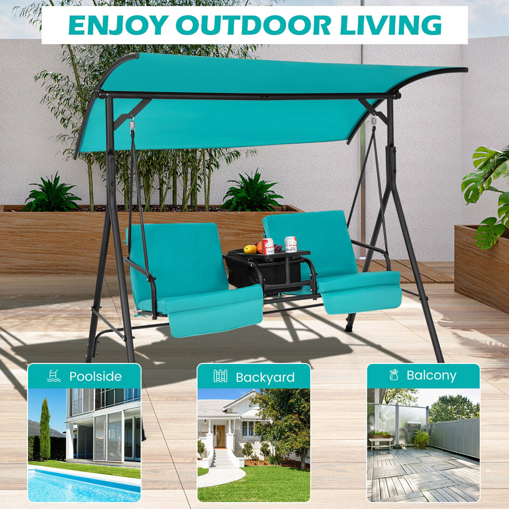 Costway 2 Seater Turquoise Garden Swing Chair with Canopy and Cooler Bag Image 8
