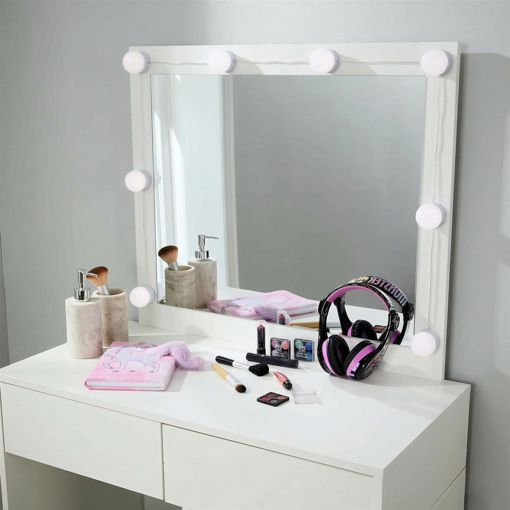 Home Source Vero 5 Drawer White Vanity Table and Cushioned Stool Set with LED Mirror Image 3