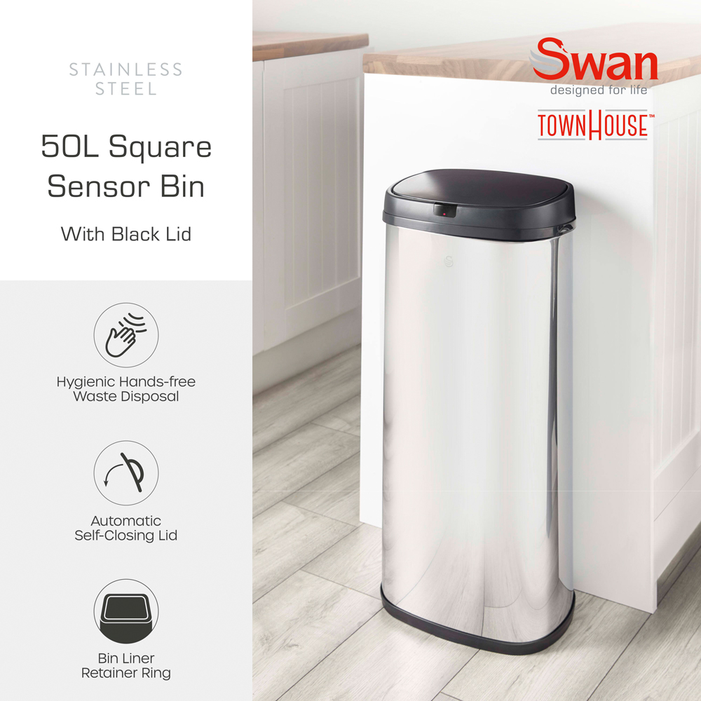 Swan Silver and Black Stainless Steel Square Sensor Bin 50L Image 3