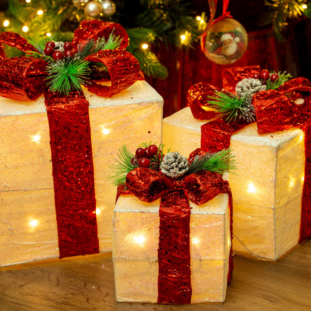 The Christmas Workshop Set Of 3 LED White Light Up Gift Box with Red Bow Image 3