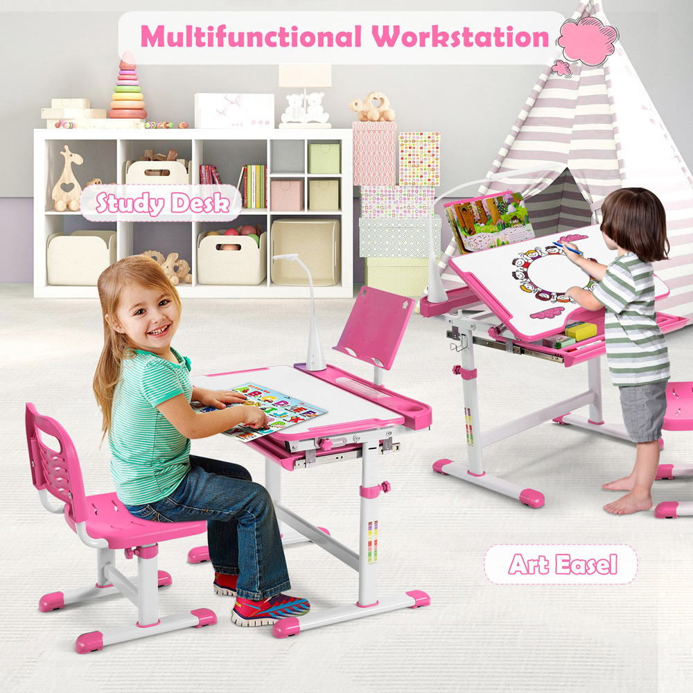 Costway Adjustable Kids Tilted Desk Set with Lamp Pink Image 3