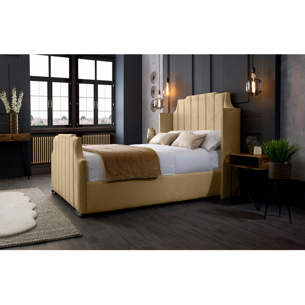 Eleganza Home Nelly King Size Beige Plush Velvet Bed Frame with Winged Headboard Image 3