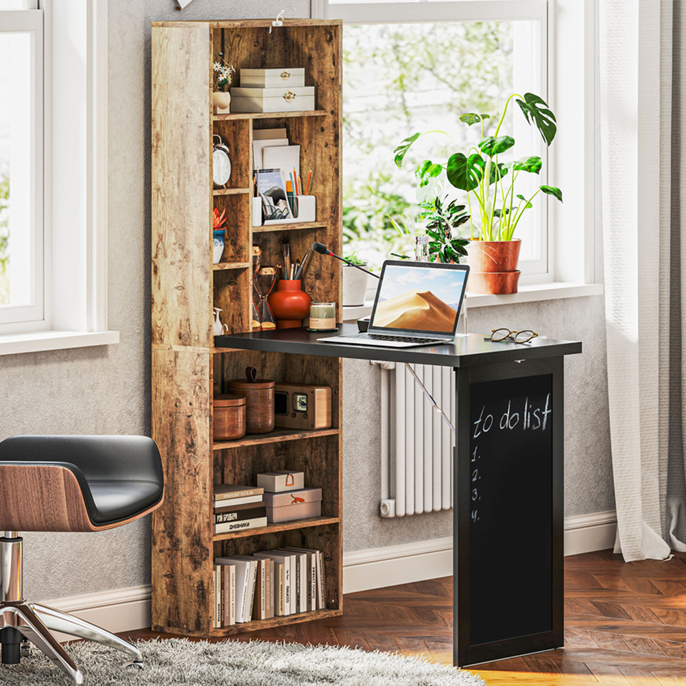 Portland 9 Shelf Multifunctional Convertible Workstation Desk with Blackboard Rustic Brown Image 1
