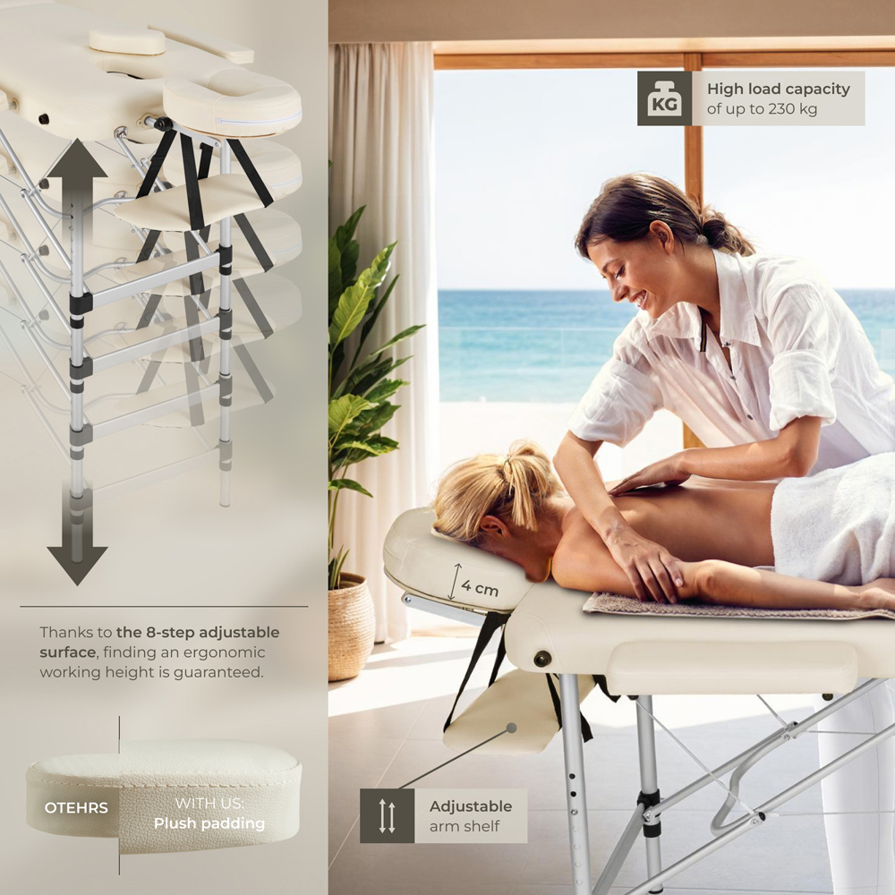 Massage Table - 2-zone bed with aluminium frame, bolsters, carry bag, head- and armrests - Beige Image 8