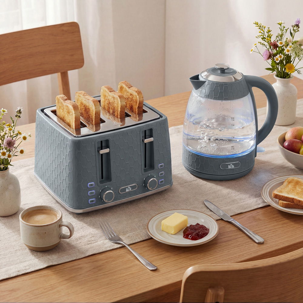 HOMCOM Grey 1.7L Fast Boil Kettle and 4 Slice Toaster Set Image 2