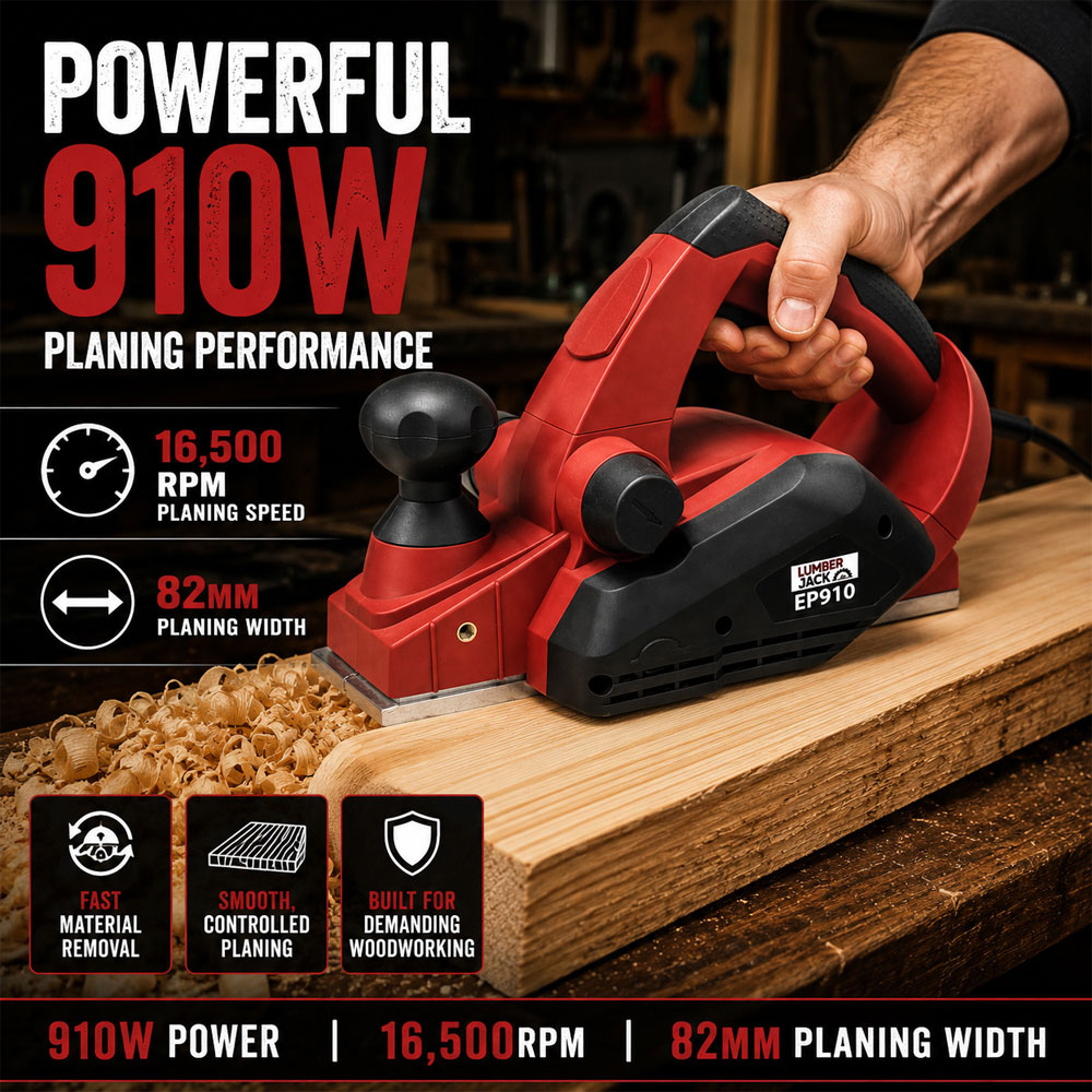 Lumberjack EP910 910W 230V Red Electric Hand Planer with Parallel Guide and Blades 82mm Image 2