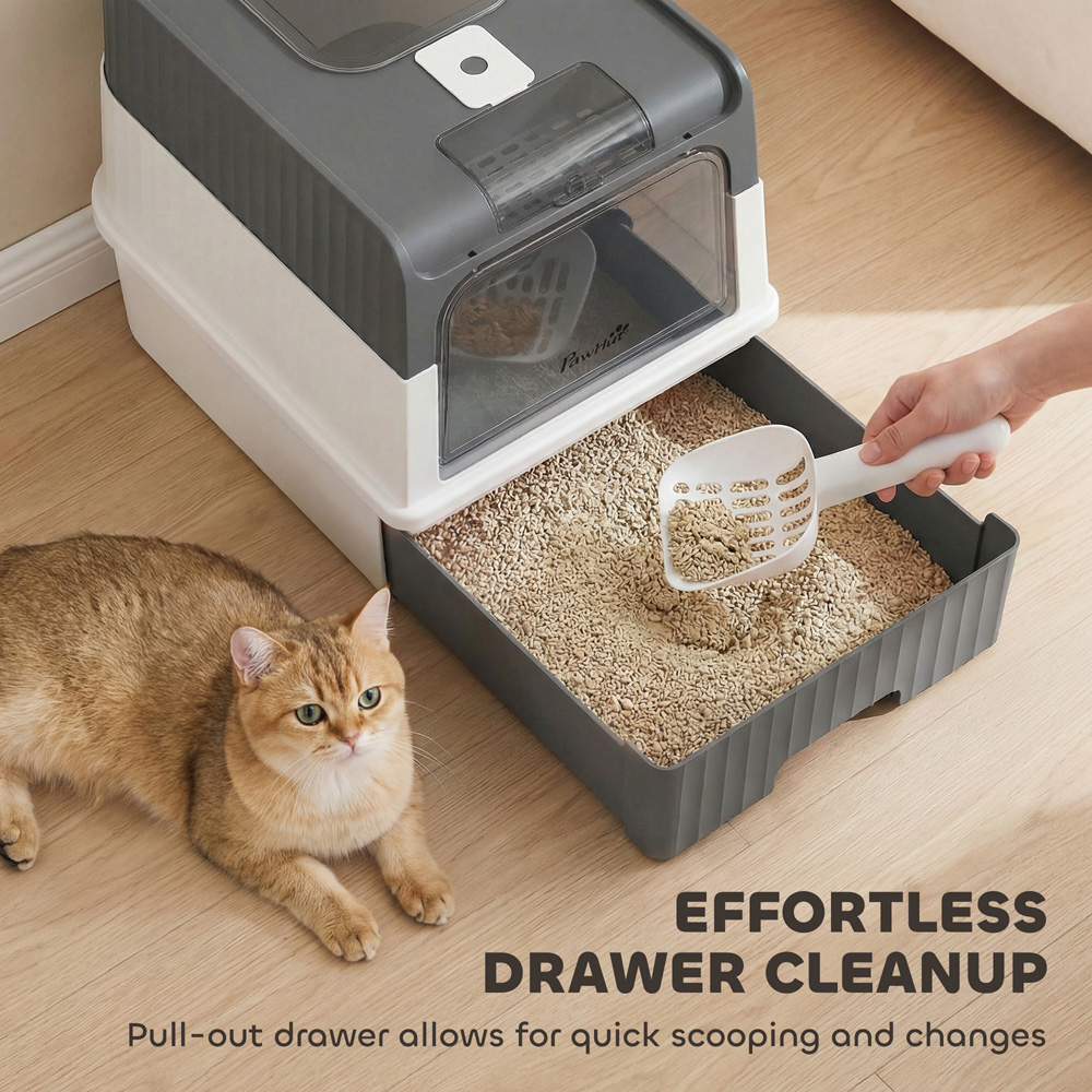 PawHut Grey Enclosed Cat Litter Box with Lid and Pull-Out Drawer Image 4