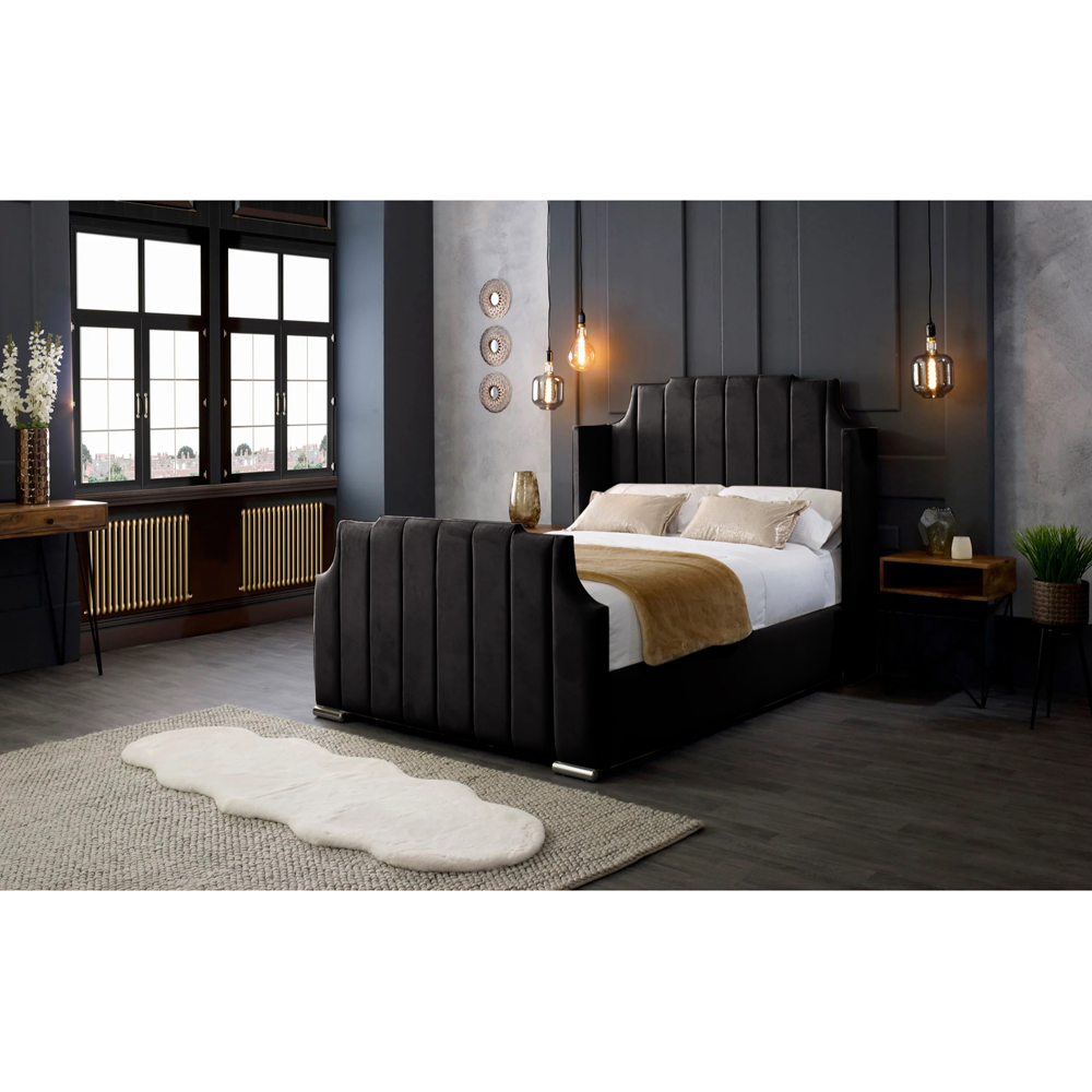 Eleganza Home Nelly King Size Black Plush Velvet Bed Frame with Winged Headboard Image 4