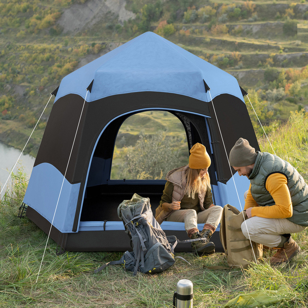 Outsunny 4 Person Hexagon Pop-Up Camping Tent Blue Image 2