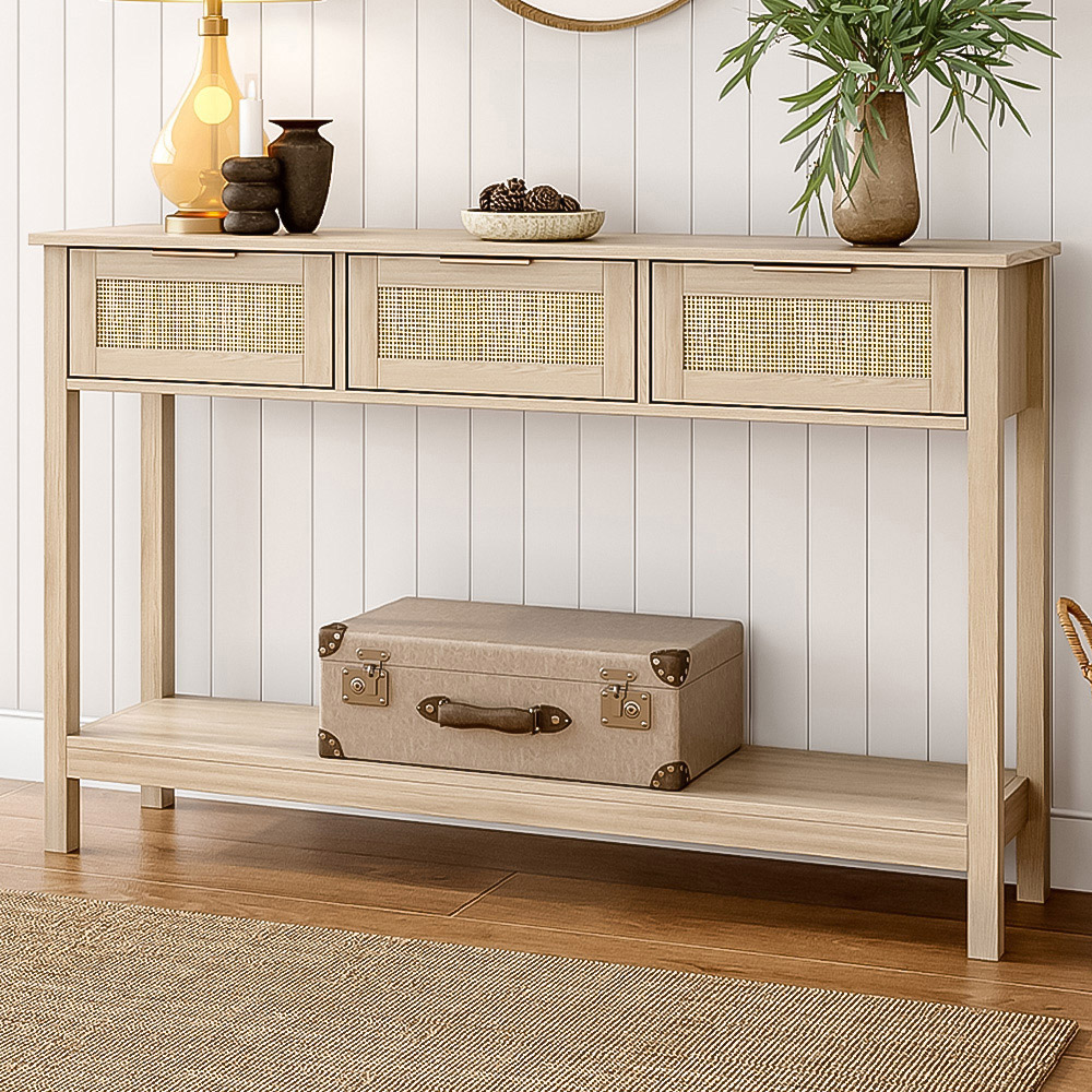 Living and Home 3 Drawer Rattan Rustic Wood Side Table Image 1