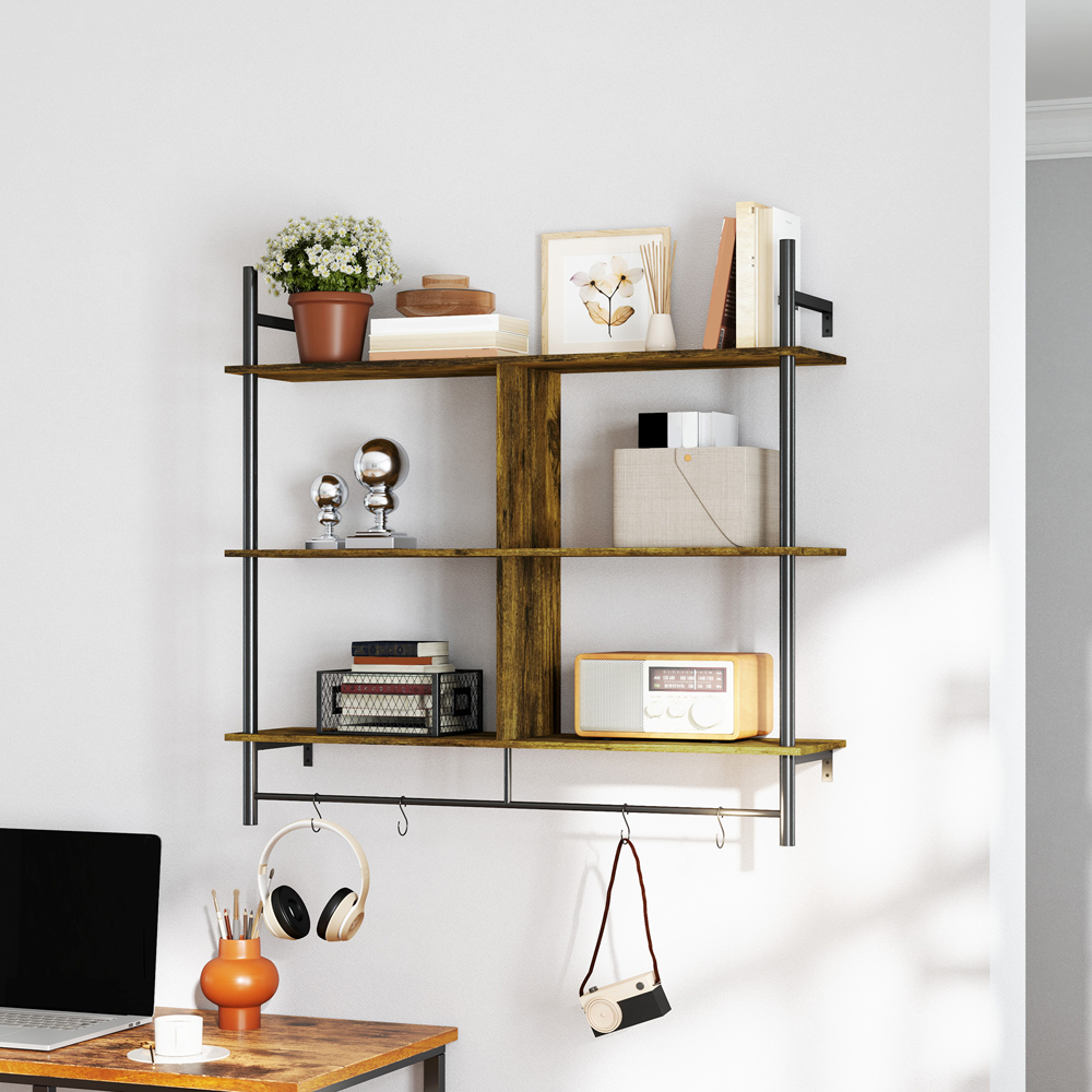 Portland 3 Shelf Rustic Brown Wall Unit with 4 Hooks Image 5