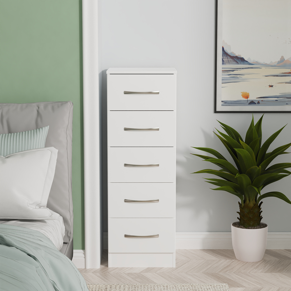 Crowndale Avon 5 Drawer White Matt Tall Bedside Cabinet Ready Assembled Image 7