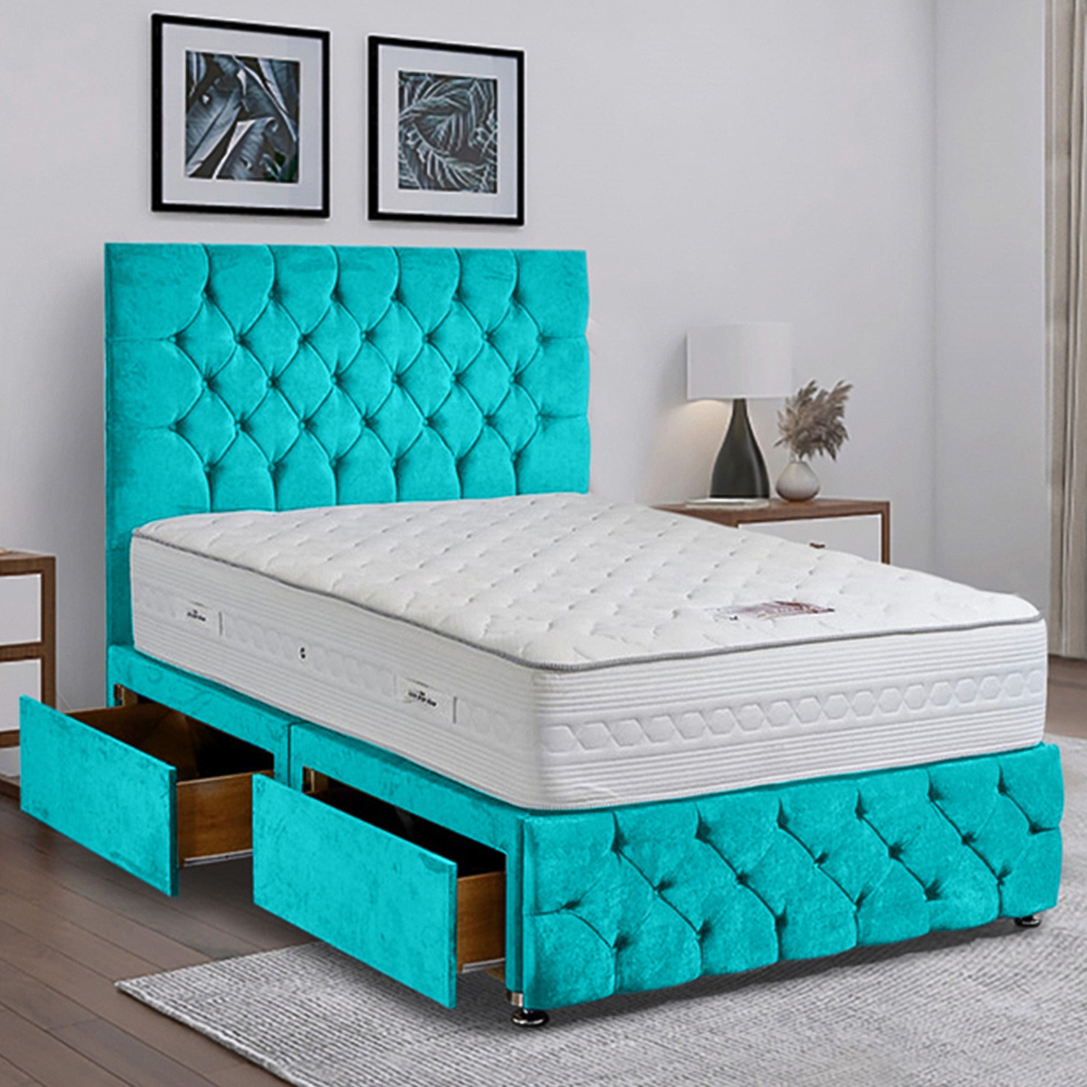 Eleganza Home Comfyzone Small Double Teal Plush Velvet Divan Bed with Chesterfield Headboard Image 1