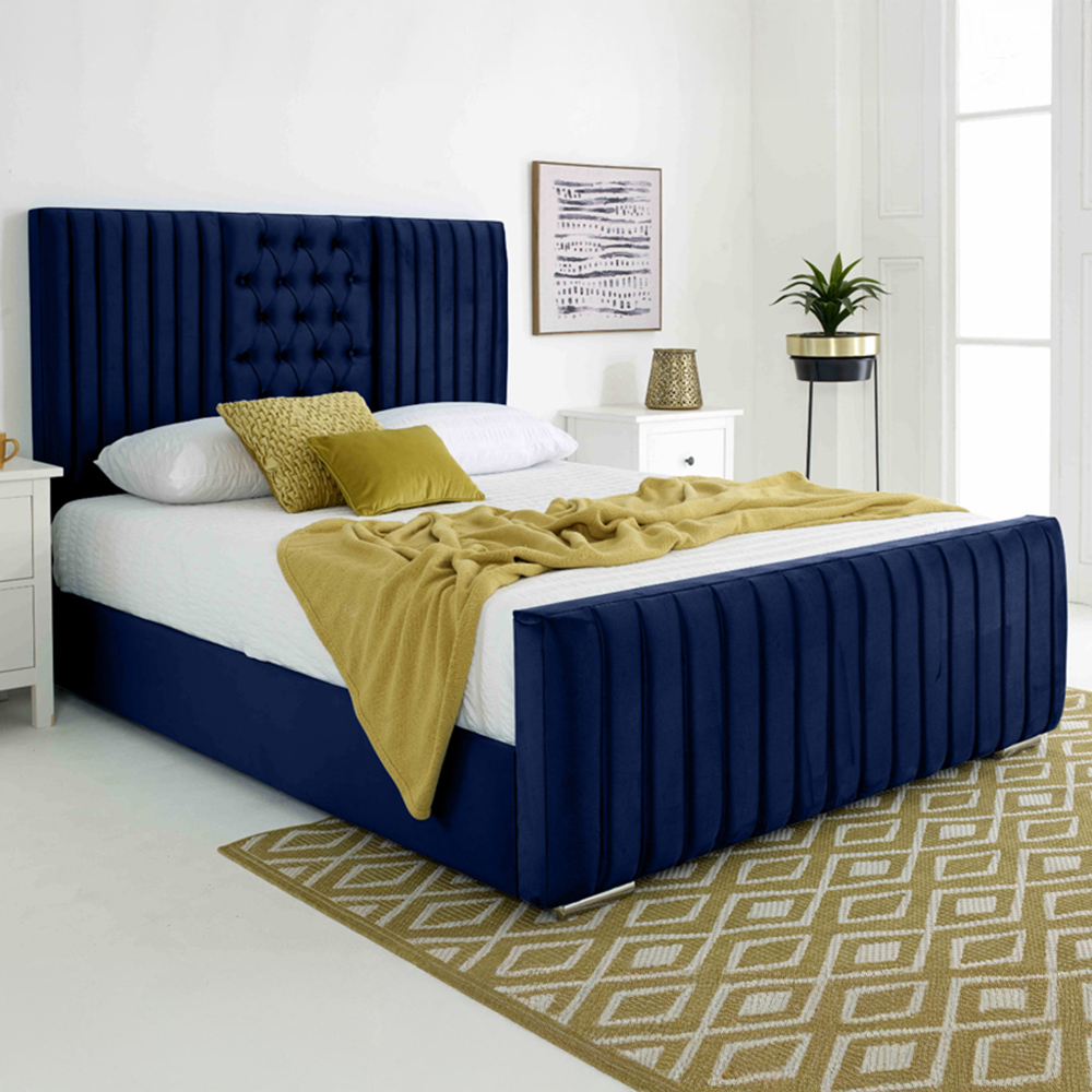 Eleganza Gracie Double Blue Plush Velvet Bed Frame with Lined Headboard Image 1