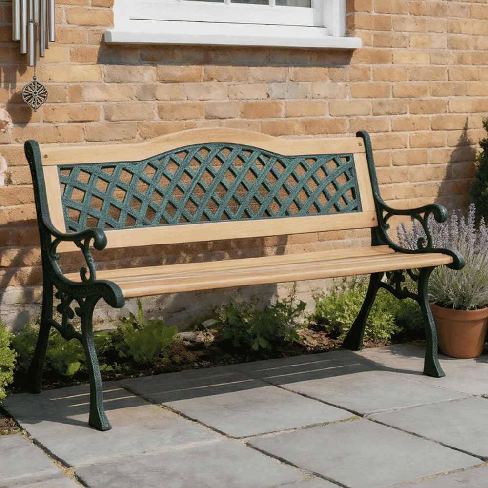 Home Source Lorien 2 Seater Verdigris Metal Wood Garden Bench Image 1