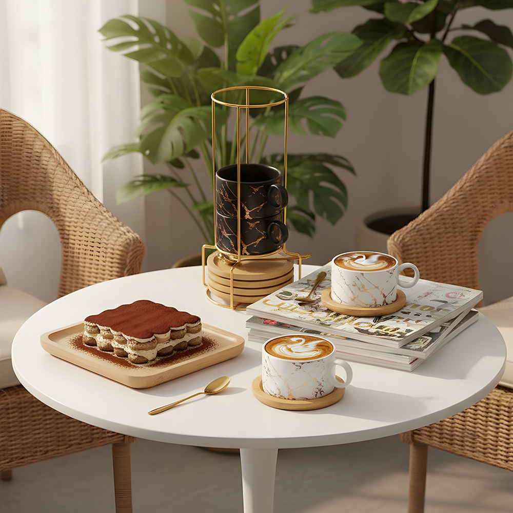 Living and Home 12 Piece White and Black Marble Ceramic Coffee Cup Set with Stand Image 7