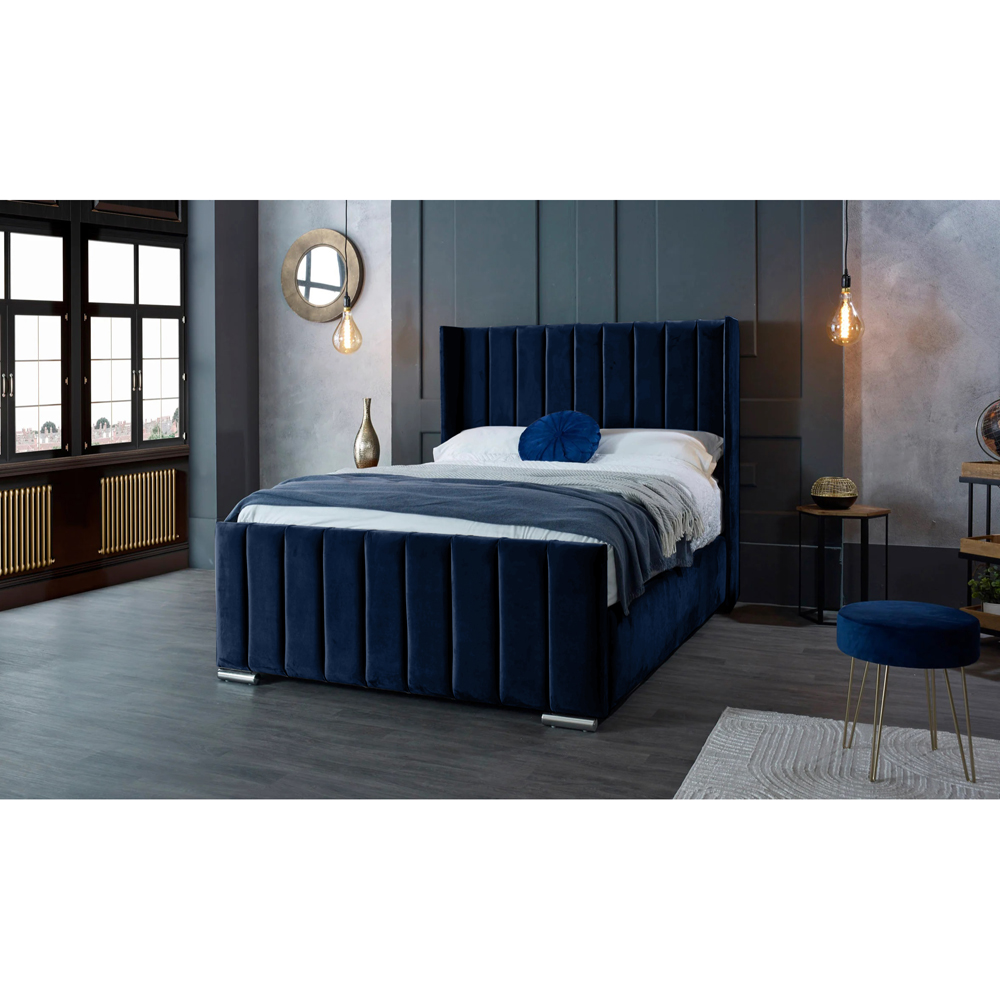 Eleganza Home Meriso Double Blue Plush Velvet Bed Frame with Winged Headboard Image 2