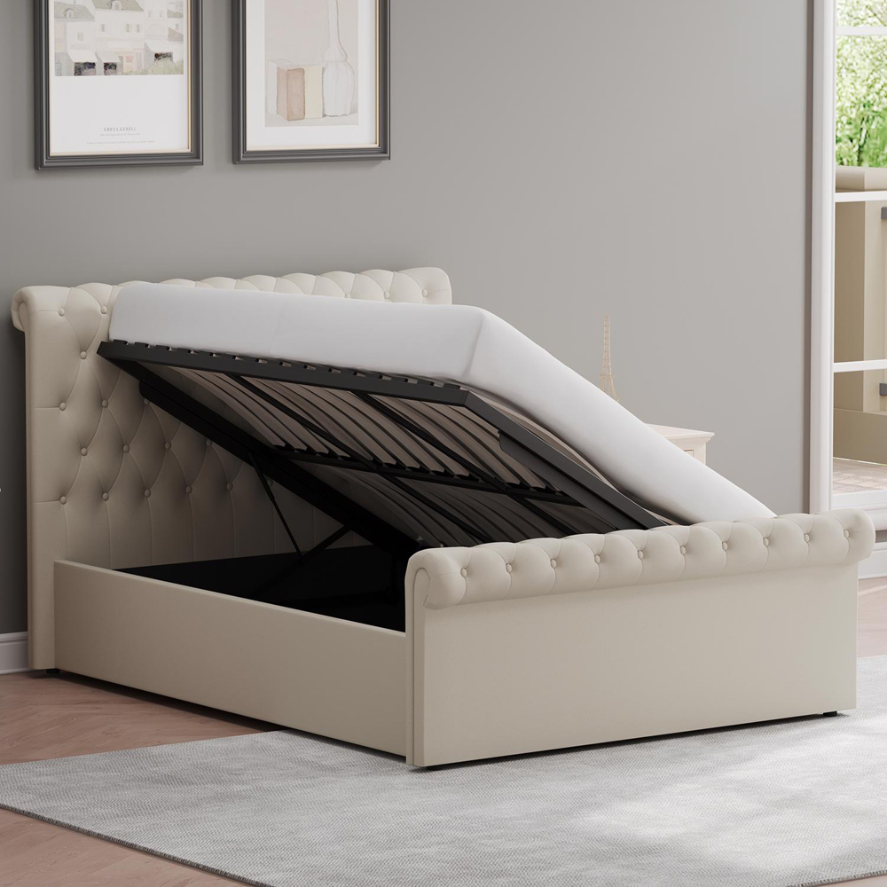 FWStyle Abbey Double Cream Almond Side Lift Ottoman Bed Frame with Scroll Buttoned Headboard Image 2