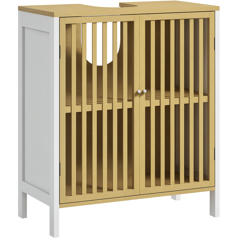 HOMCOM 2 Door White Bamboo Under Sink Bathroom Cabinet Image 2