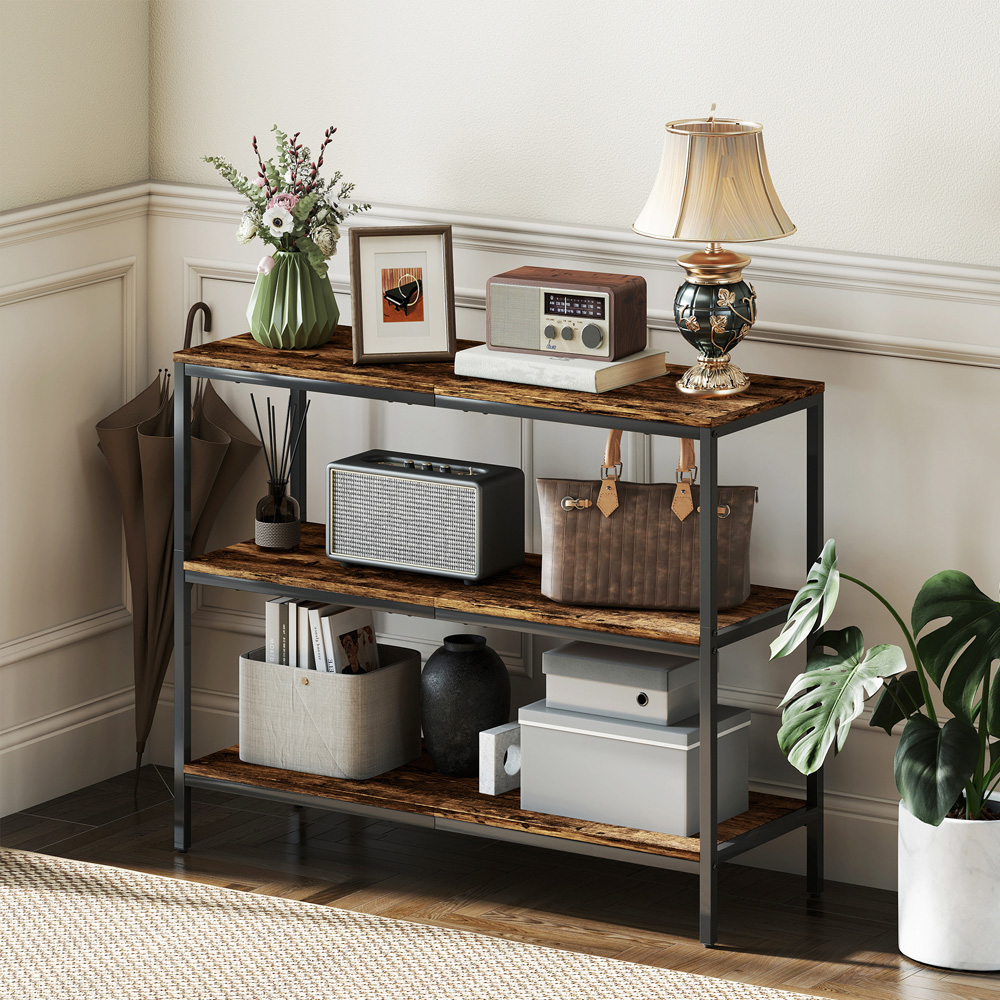 HOMCOM 3 Shelf Rustic Brown Industrial Console Table Image 4