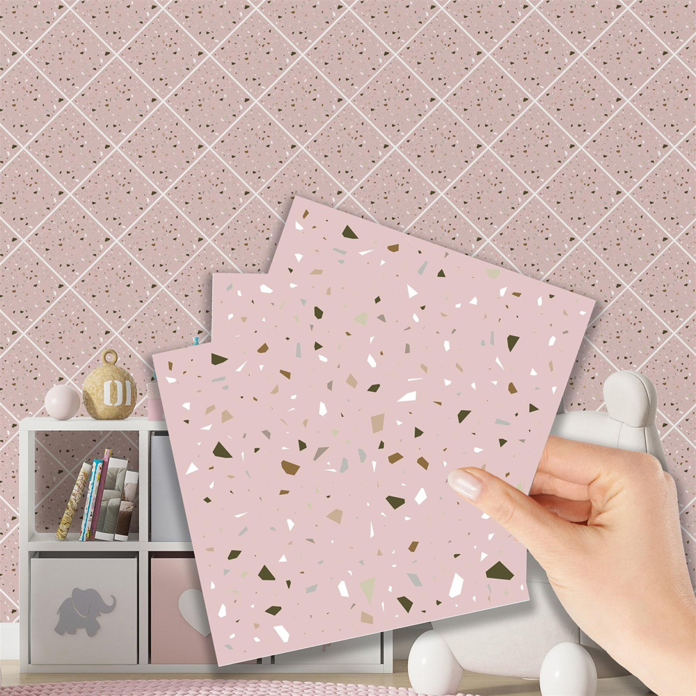 Walplus Terrazzo Rose Pink Metallic Silver Wall Tile Sticker 15 x 15cm 48 Pack Image 7